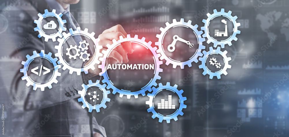 Poster automation concept innovation improving productivity. mixed media.