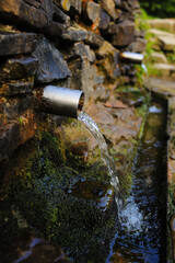 spring water pouring from a metal pipe from a stone wall in the woods in the mountains
