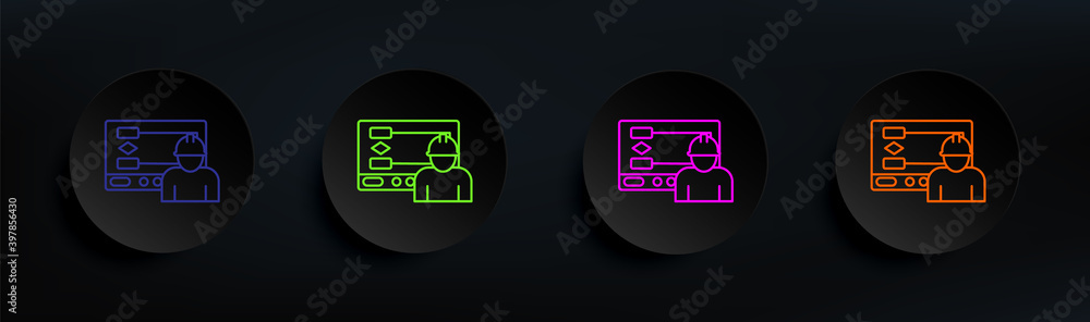 Poster worker dark badge color set. simple thin line, outline vector of manufacturing icons for ui and ux, 