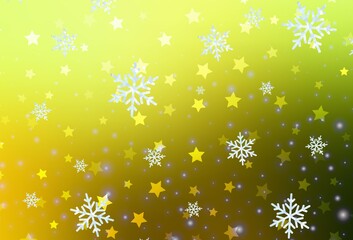 Light Green, Yellow vector background with xmas snowflakes, stars.