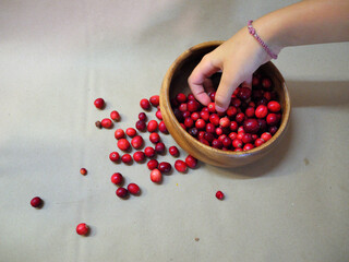 The girl takes cranberries from a wooden vase. Cranberries are a healthy and acidic berry.