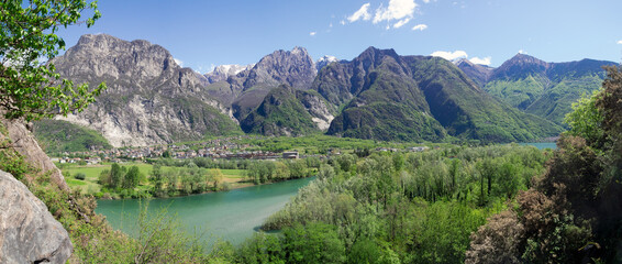 Fototapeta na wymiar Panoramic view of the Mera river in Novate Mezzola, Valchiavenna