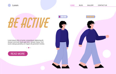 Vector landing page template with tired sad and happy energetic young man. People with low and high energy level on battery indicator. Charge of power for boost and active lifestyle