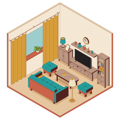 Living room in isometric style. Sofa, furniture and TV
