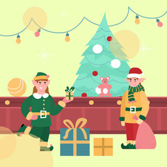 Fabulous elves packing xmas toys for kids in beautiful boxes on christmas factory. Belt automatic conveyor with production of new year gifts for children. Vector illustration.
