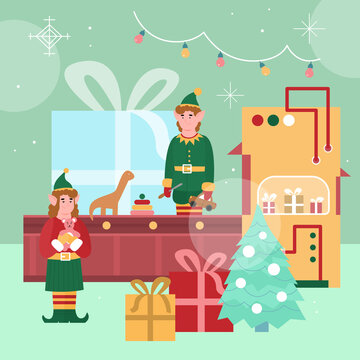 Christmas factory with belt automatic conveyor and elves packing xmas toys for kids in beautiful boxes. Production of new year gifts for children. Vector colorful illustration.