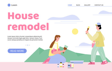 Fototapeta premium House remodel website page template with craftsmen or painters renovating home interior, flat vector cartoon illustration. Home renovation and renewal services website.
