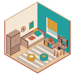 Bedroom for kids in isometric style. Couch, furniture and desk