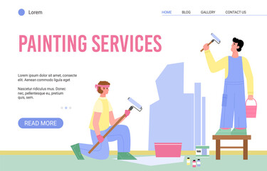 Painting services web page design with cartoon characters of working craftsmen, flat vector illustration. Works of house remodel and renovation interior.