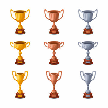 Gold, silver and Bronze trophy cups. Trophy award cups set with different shapes - 1st, 2nd and 3rd place winner trophies. Flat style vector illustration.