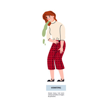 Cartoon Female Vomiting - Sick Woman With Nausea And Vomit Symptoms Standing With Hand To The Stomach Isolated On White Background. Vector Illustration.