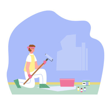 Craftsman, house painter or handyman is painting wall blue color. Man with roller and paints is engaged household work, repair or renovation of housing. Vector illustration.