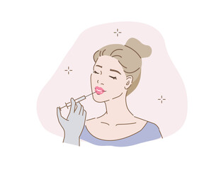Beauty Girl getting Lip Injection in Cosmetology Clinic. Cosmetologist Hands holding Syringe with Hyaluronic Filler. Lip Augmentation Procedure Concept. Flat Cartoon Vector Illustration.
