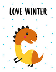 winter card with adorable dinosaur, vector illustration