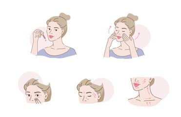 Beauty Girl Take Care of her Face and Applying Cosmetic Serum Oil. Woman Making Facial Massage by Lines. Skin Care Routine, Hygiene and Moisturizing Concept. Flat Vector Illustration and Icons set.

