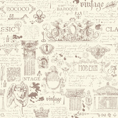 Abstract seamless pattern on the theme of vintage art, furniture and Antiques. Vector background in grunge style with handwritten text lorem ipsum and drawings. Retro Wallpaper, wrapping paper, fabric