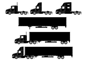 Truck icon. Set of modern semi truck silhouettes. Side view. Flat vector. - 397859608