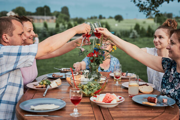 Family making toast during summer picnic outdoor dinner in a home garden. Close up of people holding wine glasses with red wine over table with food and dishes