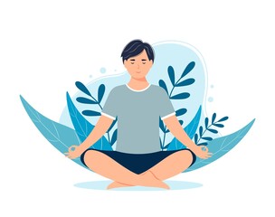 Fototapeta na wymiar Man meditating in nature and leaves. Male character is sitting in the lotus position. Concept meditation, relax, recreation, healthy lifestyle. Young man is engaged in yoga.