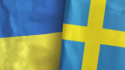 Sweden and Ukraine two flags textile cloth 3D rendering