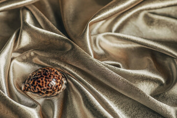 sea shell on draped silk fabric. champagne colors. copy space. selective focus.
