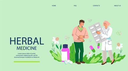 Herbal medicine website template with pharmacist or alternative medicine doctor offering herbal medications to patient. Alternative herbs medicine and natural pharmaceutical production.