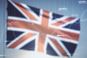 Double exposure of abstract creative statistics data hologram on flag of Great Britain and blue sky background, analytics and forecasting concept