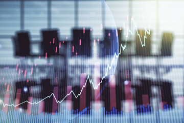Multi exposure of virtual creative financial graph and world map on a modern conference room background, forex and investment concept
