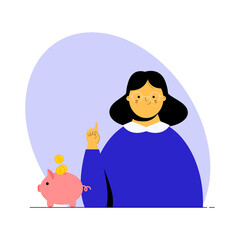 Girl in glasses with piggy bank raised index finger. Pink moneybox with golden coins. Vector illustration for online bank or investment articles. Concept of savings. Template for web, ui, landing page