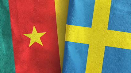 Sweden and Cameroon two flags textile cloth 3D rendering