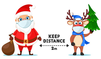 Masked Santa Claus and masked reindeer keep social distance, quarantine. Merry christmas