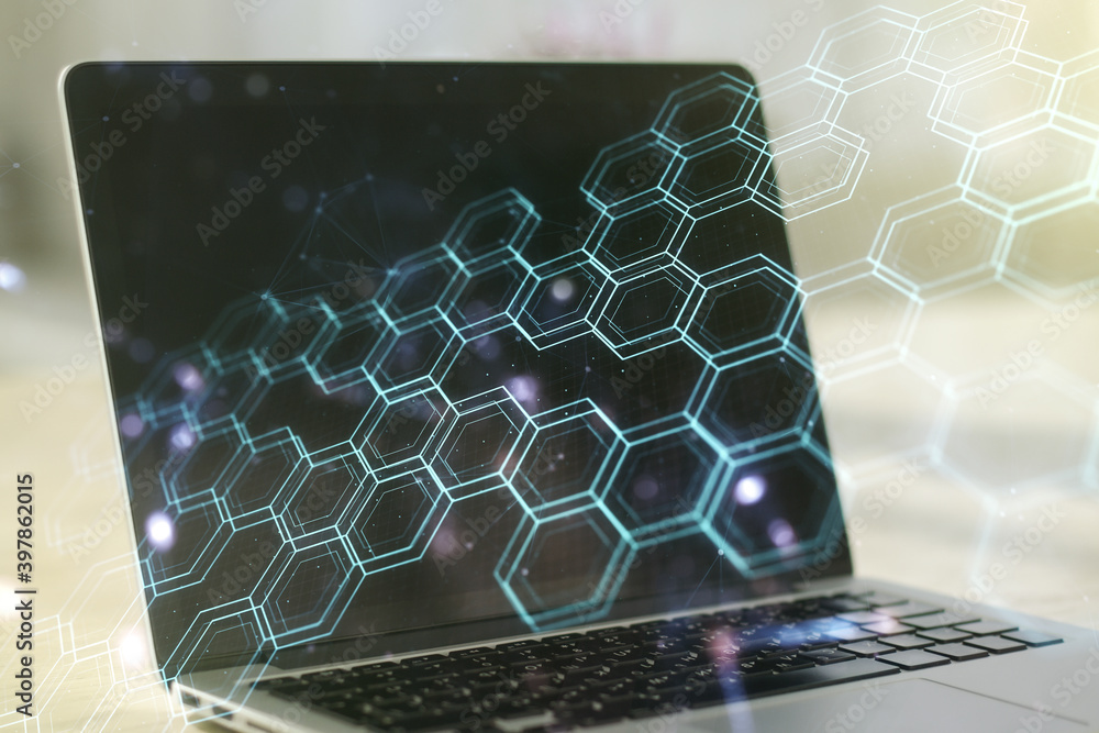 Poster creative abstract wireless technology hologram with hexagon on modern computer background, artificia
