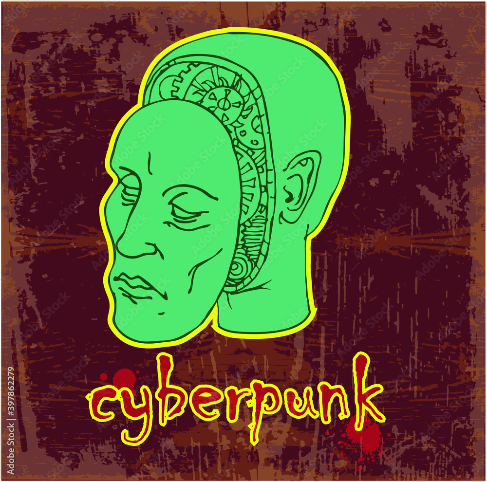 Aufkleber vector image of a cyborg head pattern with the inscription cyberpunk in style on the image of clothe
