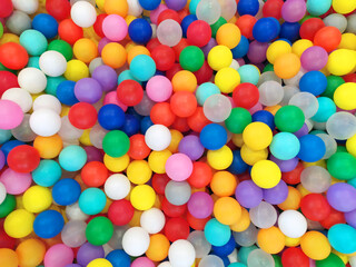 Colored balls. bright background colors. Top view of many colorful balls in the ball pool on the indoor Playground. Texture. Background.
