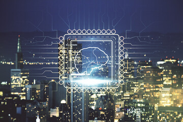 Virtual creative artificial Intelligence hologram with human brain sketch on San Francisco cityscape background. Double exposure