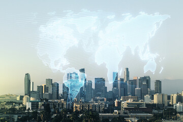 Double exposure of abstract digital world map on Los Angeles city skyscrapers background, research and strategy concept