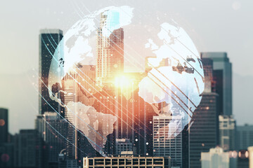 Multi exposure of abstract graphic world map on Los Angeles cityscape background, big data and networking concept