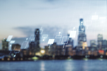 Abstract virtual financial graph hologram on blurry skyline background, forex and investment concept. Multiexposure