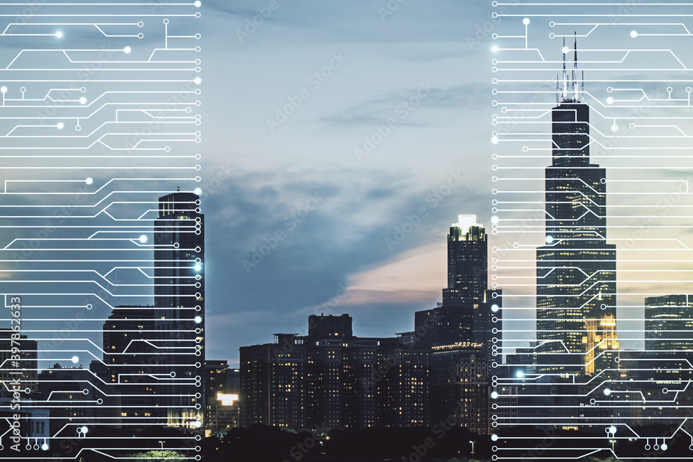 Poster abstract virtual microscheme illustration on chicago skyline background. big data and database conce