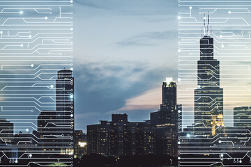 Abstract virtual microscheme illustration on Chicago skyline background. Big data and database concept. Multiexposure
