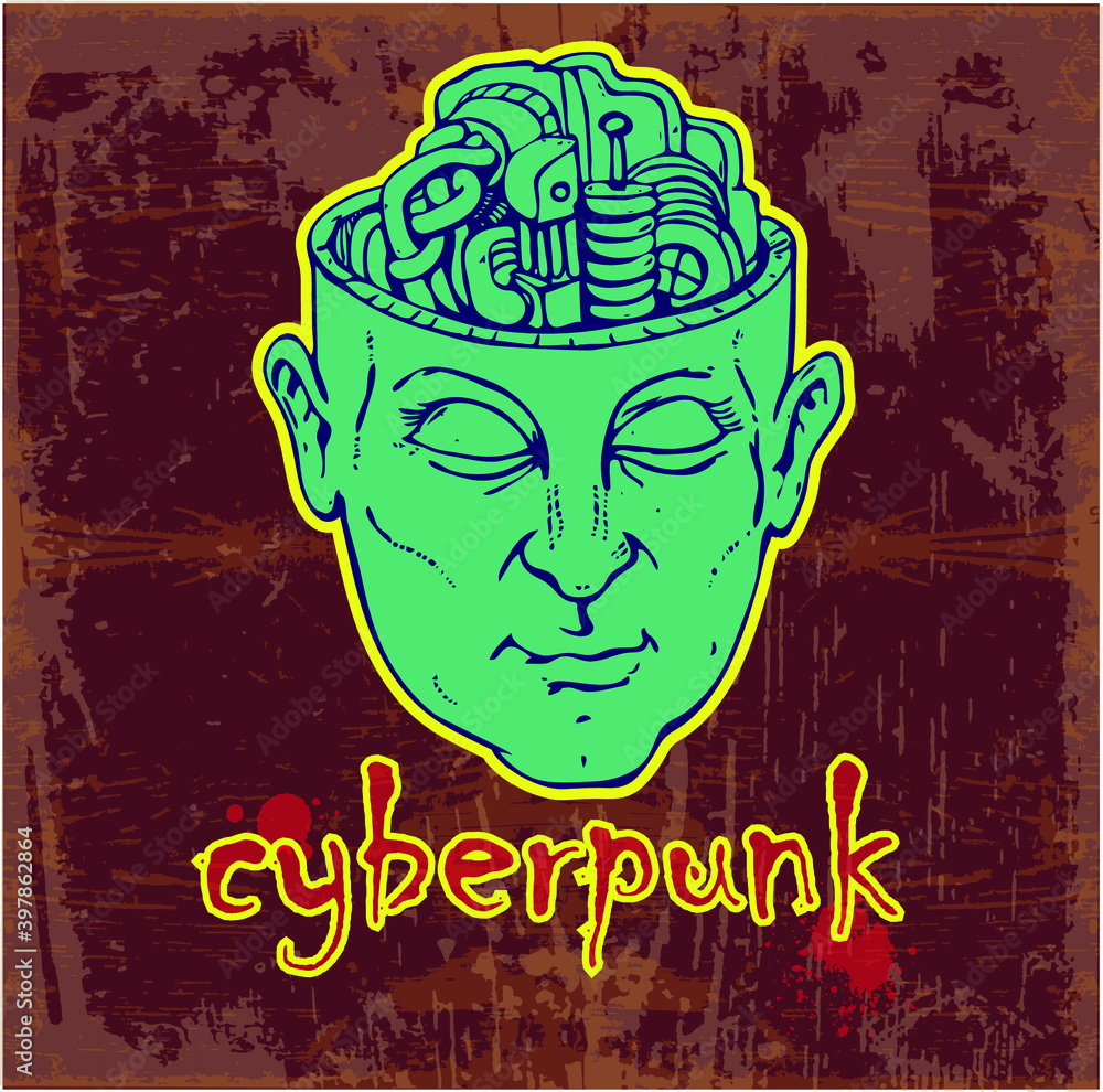 Poster vector image of a cyborg head pattern with the inscription cyberpunk in style on the image of clothe