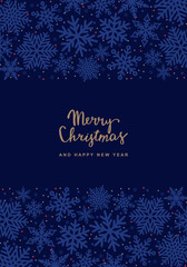 Merry Christmas holiday card. Winter background with snowflakes and lettering. Vector illustration.