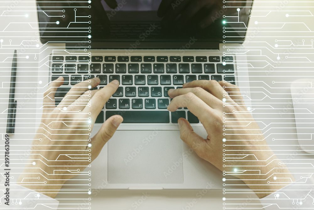 Poster creative abstract micro circuit sketch and hands typing on computer keyboard on background, future t