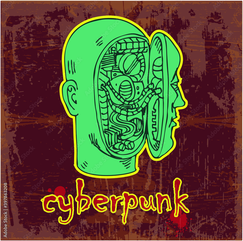 Aufkleber vector image of a cyborg head pattern with the inscription cyberpunk in style on the image of clothe