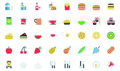 Food, drink and vegetable flat icon set