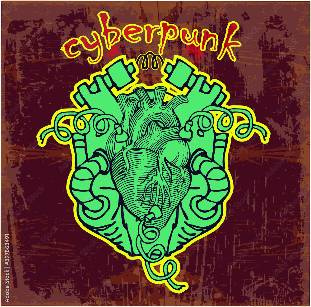 Aufkleber vector image of a cyborg heart pattern with the inscription cyberpunk in style on the image of cloth