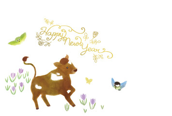 <丑年年賀状>野原を駆ける若い牛と、見守るメジロとシジュウカラ(横、Happy New Year筆記体の文字)