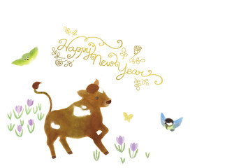 Fototapeta premium <丑年年賀状>野原を駆ける若い牛と、見守るメジロとシジュウカラ(横、Happy New Year筆記体の文字)