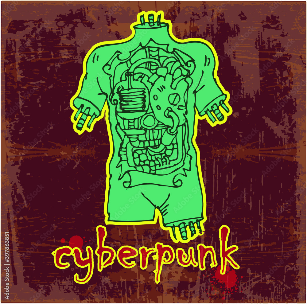 Aufkleber vector image of a cyborg torso pattern with the inscription cyberpunk in style on the image of cloth