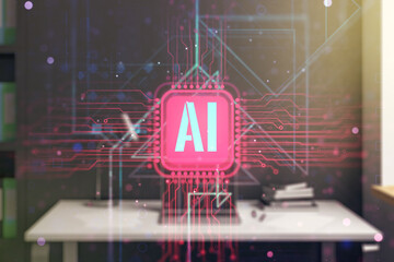 Creative artificial Intelligence symbol concept and modern desktop with pc on background. Double exposure